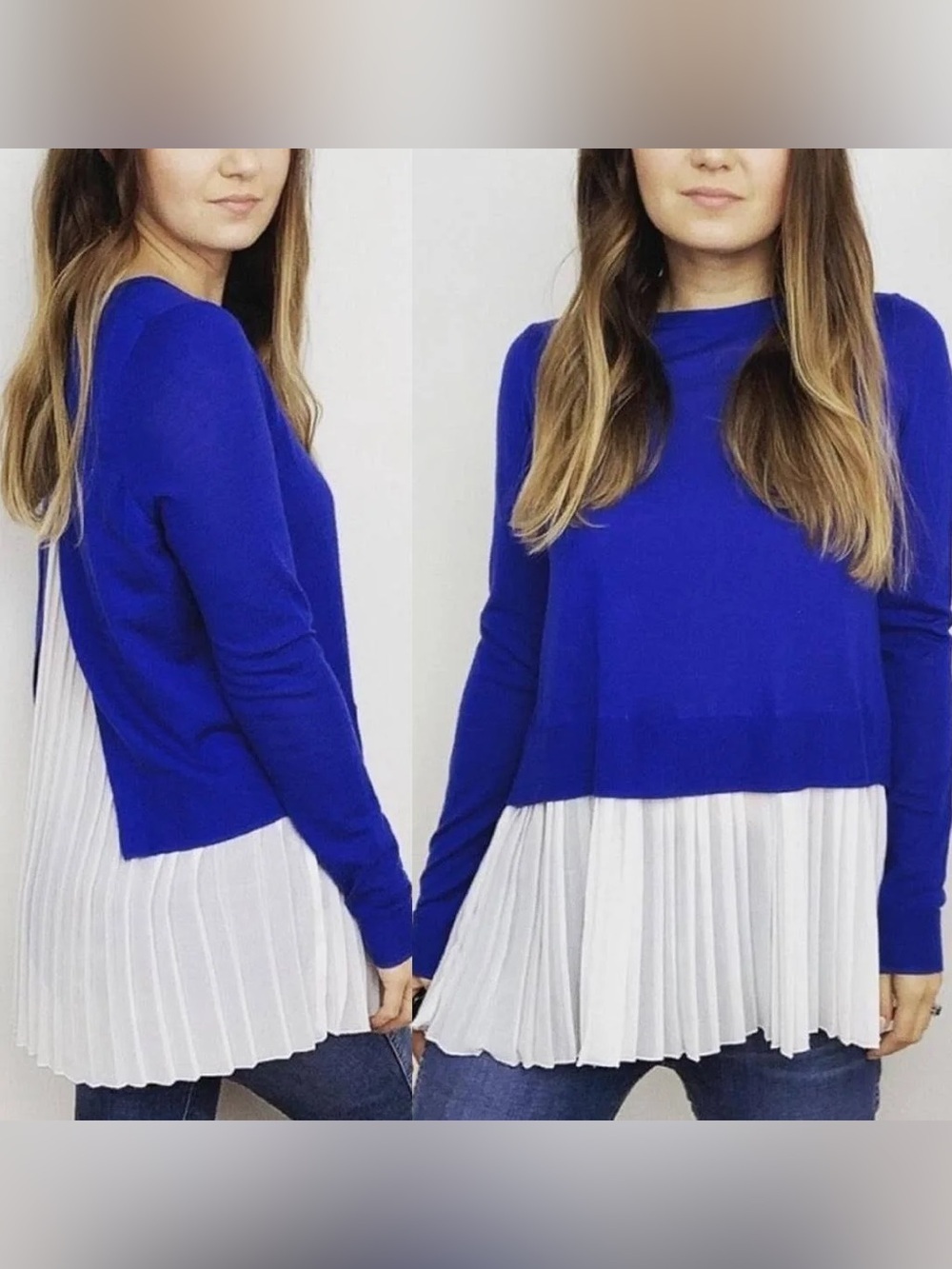 Sandro Royal Blue White Wool Blend Pleated Chiffon Layered Crew Sweater 2/M